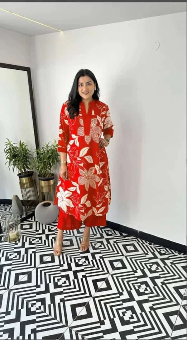 Cotton Slub Floral Print Kurta Set with Plazo