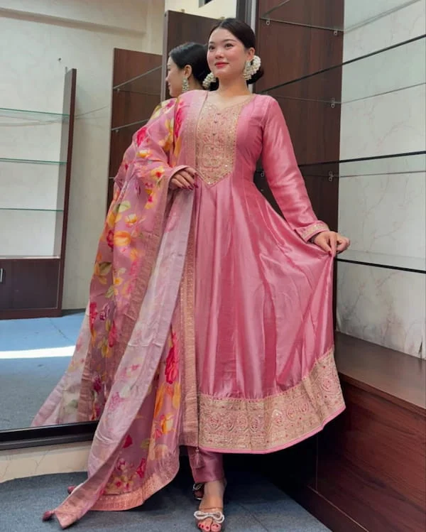 Pink Anarkali Kurti with Pant and Dupatta Set
