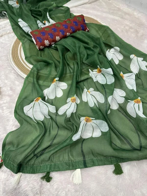Pure Linen Cotton Printed Saree with Blouse