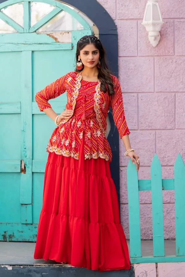 Bandhej Lehenga with Crop Top and Jacket