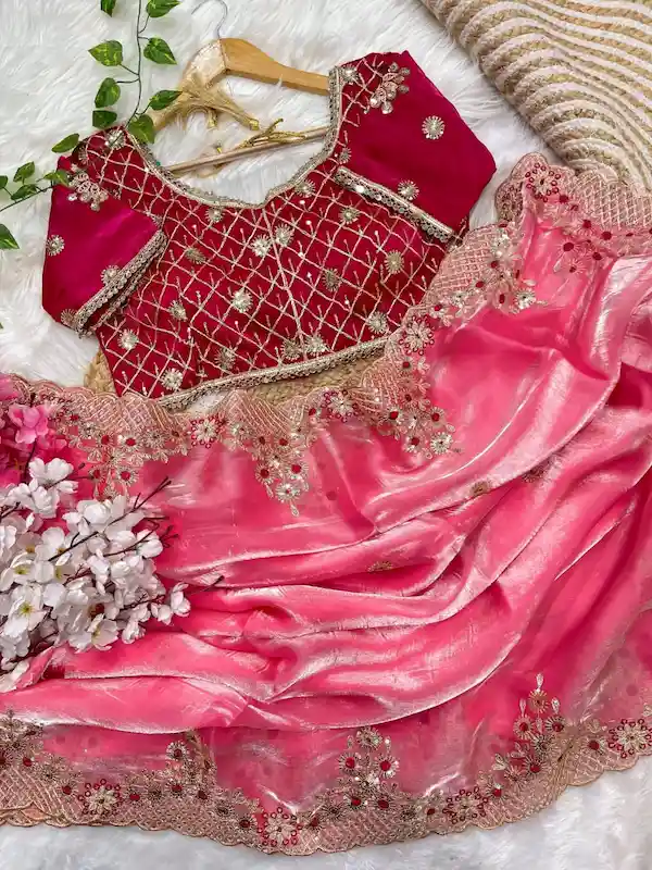 Satin Saree with Stitched Embroidered Blouse