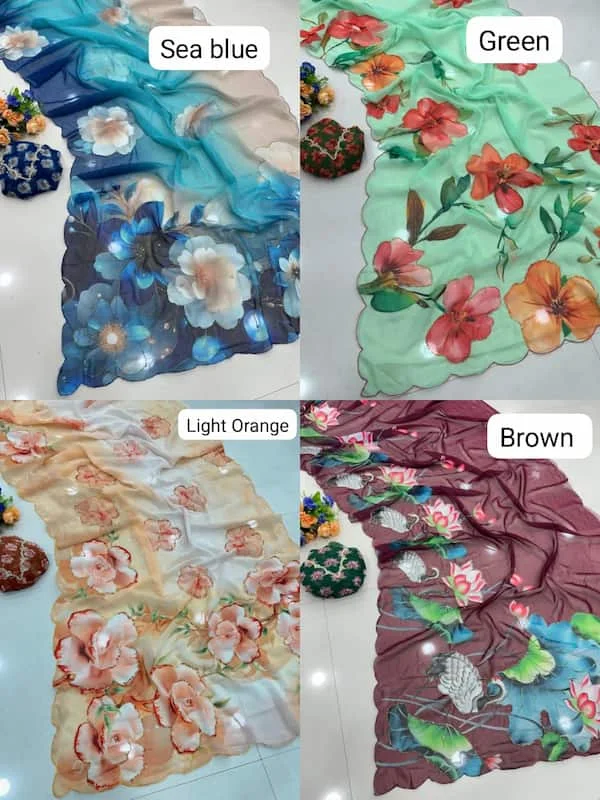 Floral Print Chiffon Handwork Saree