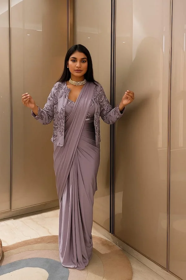 Super Trending Embroidery Sequence Ready-to-Wear Saree with Full Koti