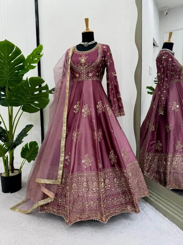 Double Shade Anarkali Satin Silk Gown with Dupatta