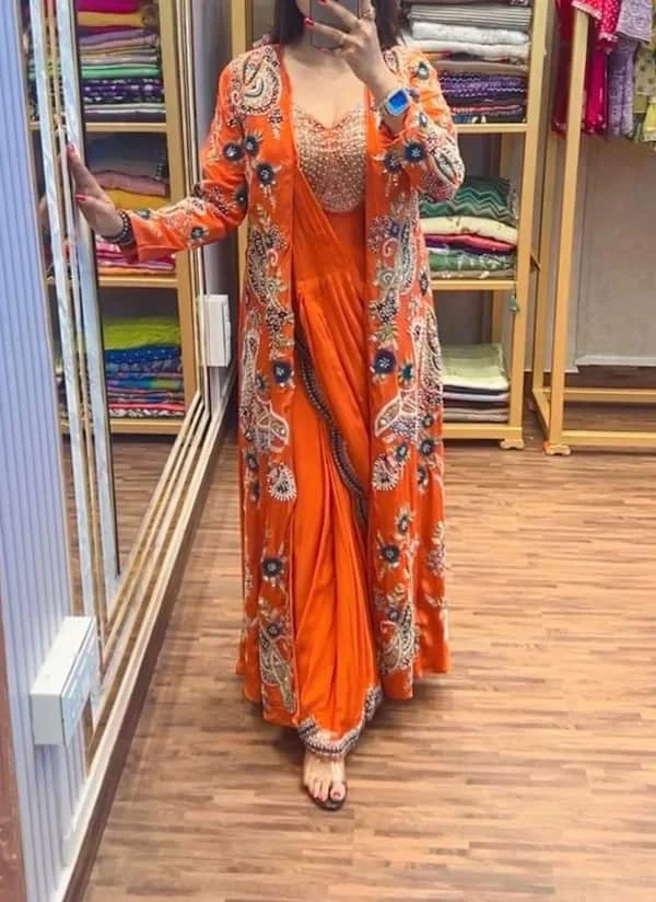 Ready-to-Wear Chinon Silk Saree with Embroidered Koti & Stitched Blouse