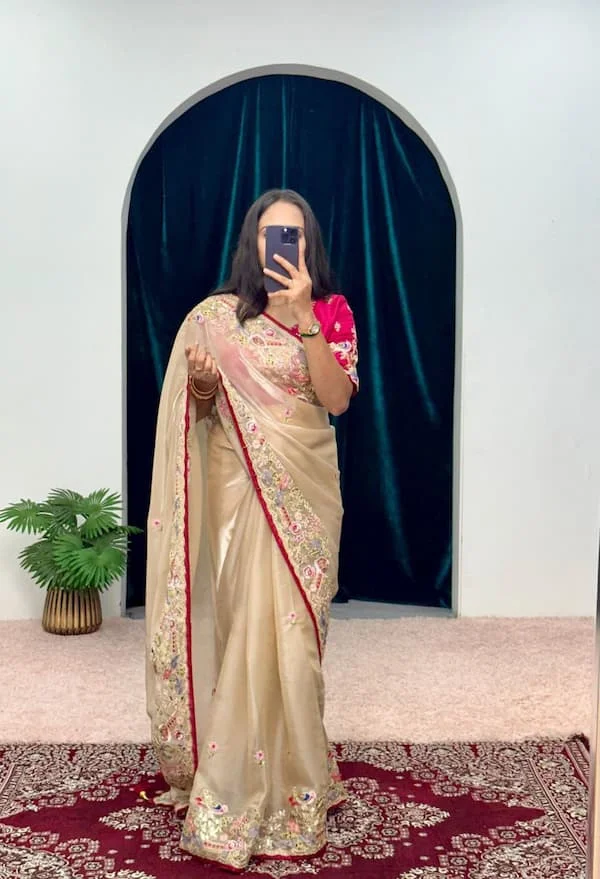 Jimmy Choo Embroidered Saree with Cut Work Border