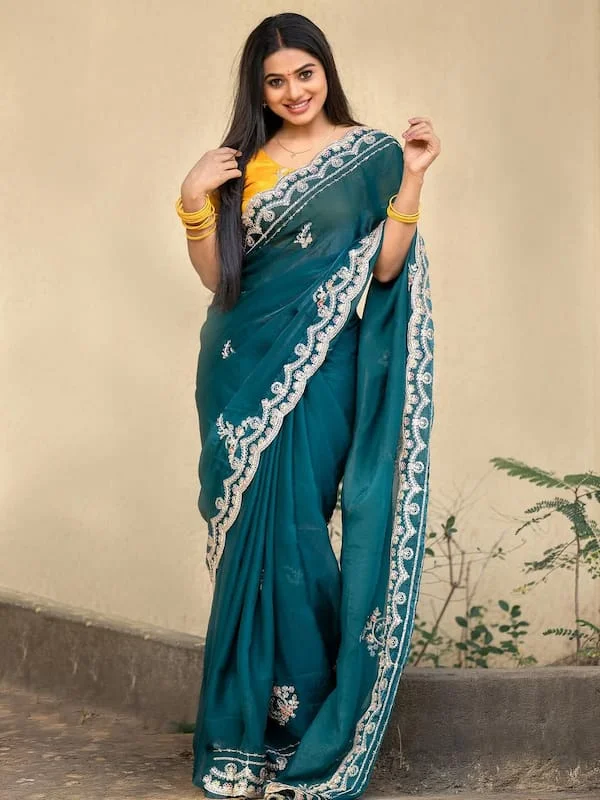 Green Party Wear Fendy Satin Saree With Stitched Blouse