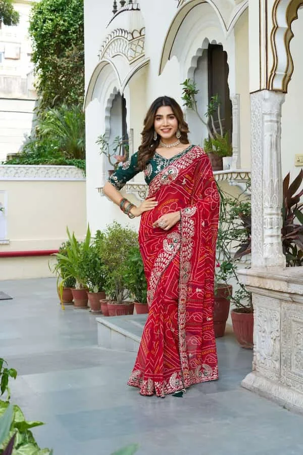 Festival Bandhej Red Saree with Heavy Pitha & Gota Pati Work