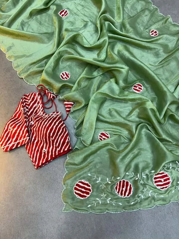 Bandhej Handwork Cutdana Butta Flower Saree with Stitched Blouse