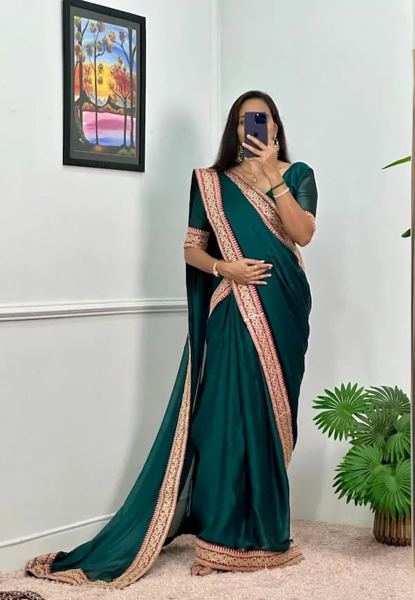 Green Ready-to-Wear Pocket Saree with Lace Border