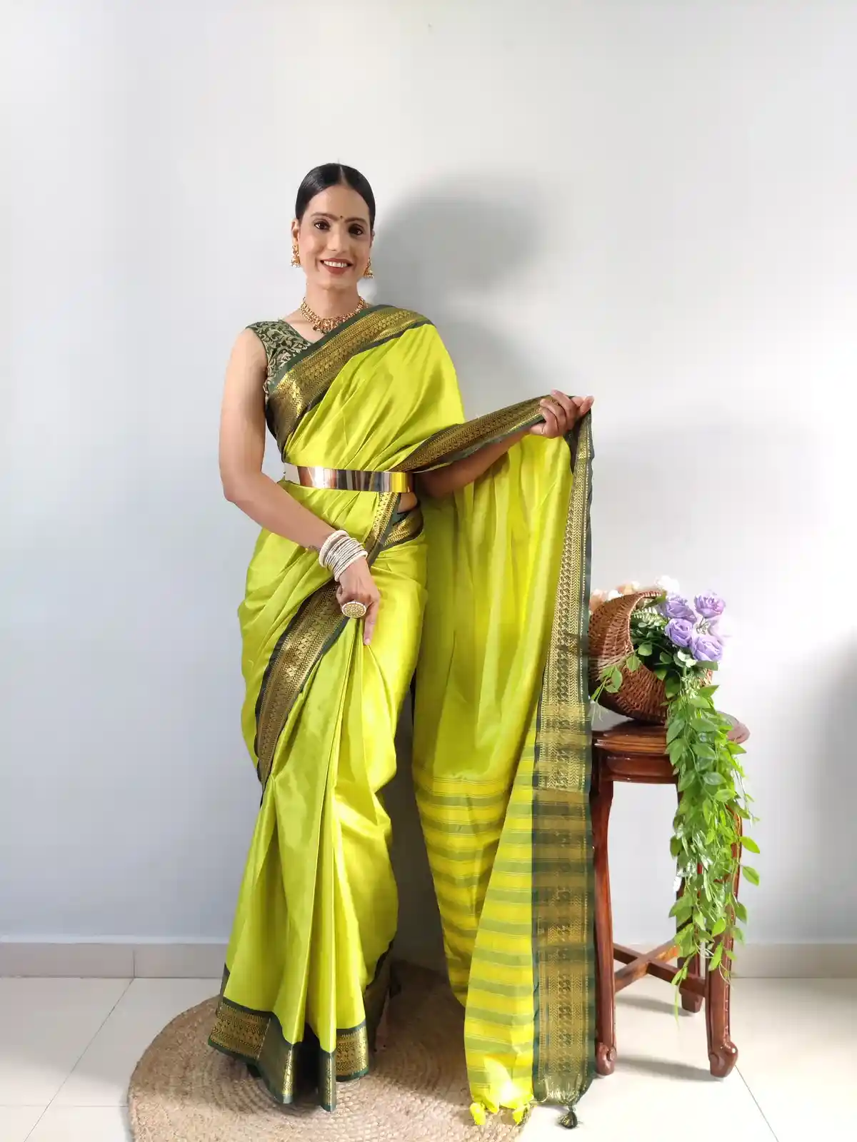 Parrot Green Silk Ready To Wear Pleated Saree